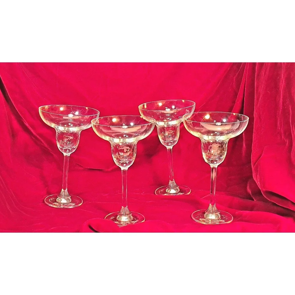 Set of 4 Clear Glass Margarita Glasses Ribbed Well Stemmed Barware Cocktail Set
